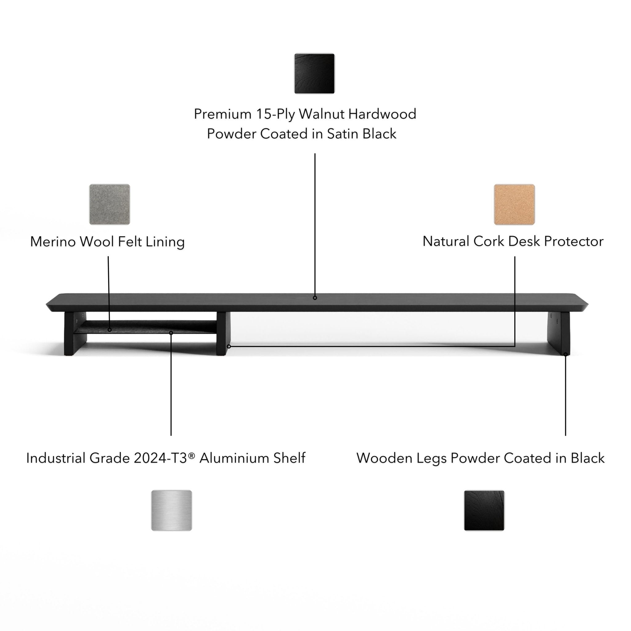 black desk shelf for monitor stand by Raico is made from 15-ply Premium Walnut Hardwood, aluminium, merino wool felt, and cork feet.